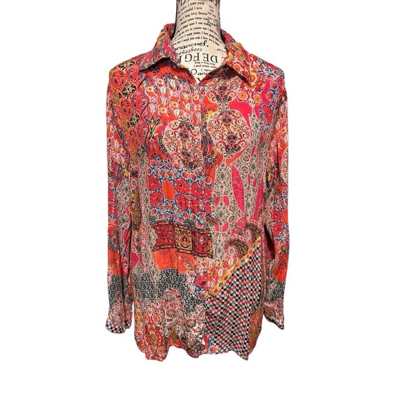 Shana Womens  M Colorful Floral Button Up Artsy Festival Viscose Silk Whimsical - Picture 1 of 8